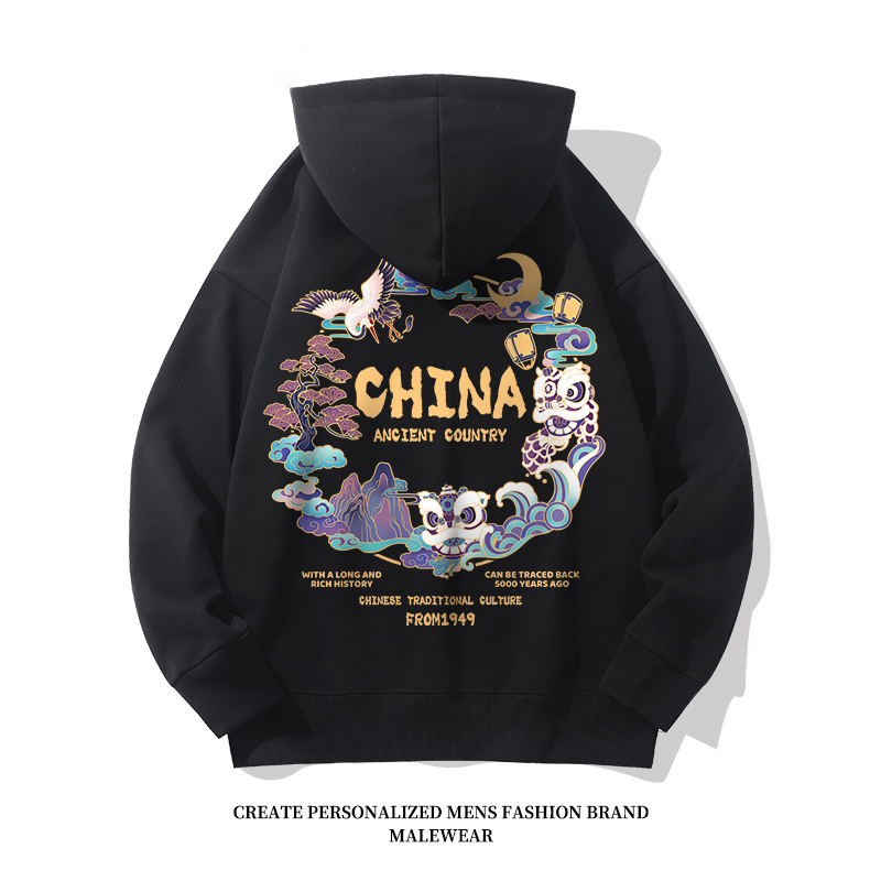 国潮china设计印花黑色连帽卫衣男2024春季新款潮流休闲男装帽衫