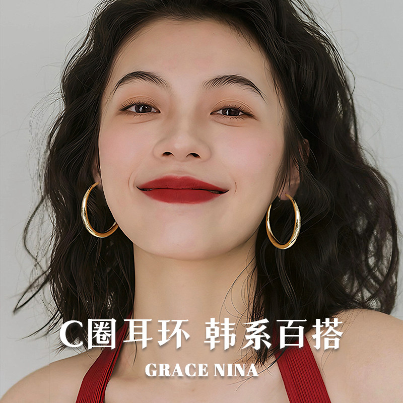 金色素圈耳环女夸张圈圈大耳圈图片