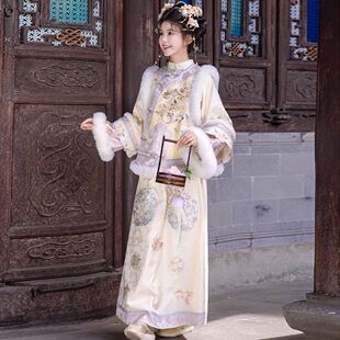 汉服女冬桂影跃金加绒加厚格格服马甲旗袍套装国风复原感氅衣华服