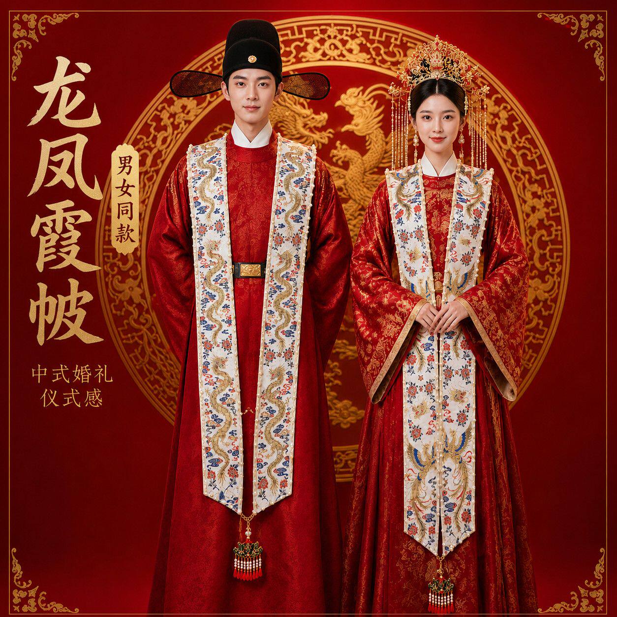 明制汉服霞帔龙凤呈祥万针刺绣钉珠流苏古风婚服配套装饰飘带配饰