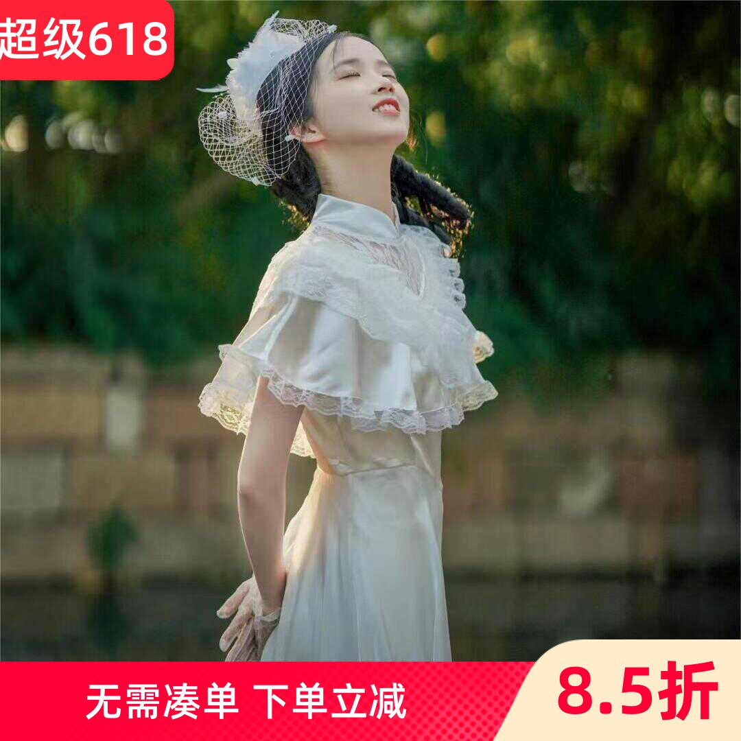 白色复古婚纱小洋裙夏日民国风订婚礼服连衣裙留洋大小姐短袖显瘦