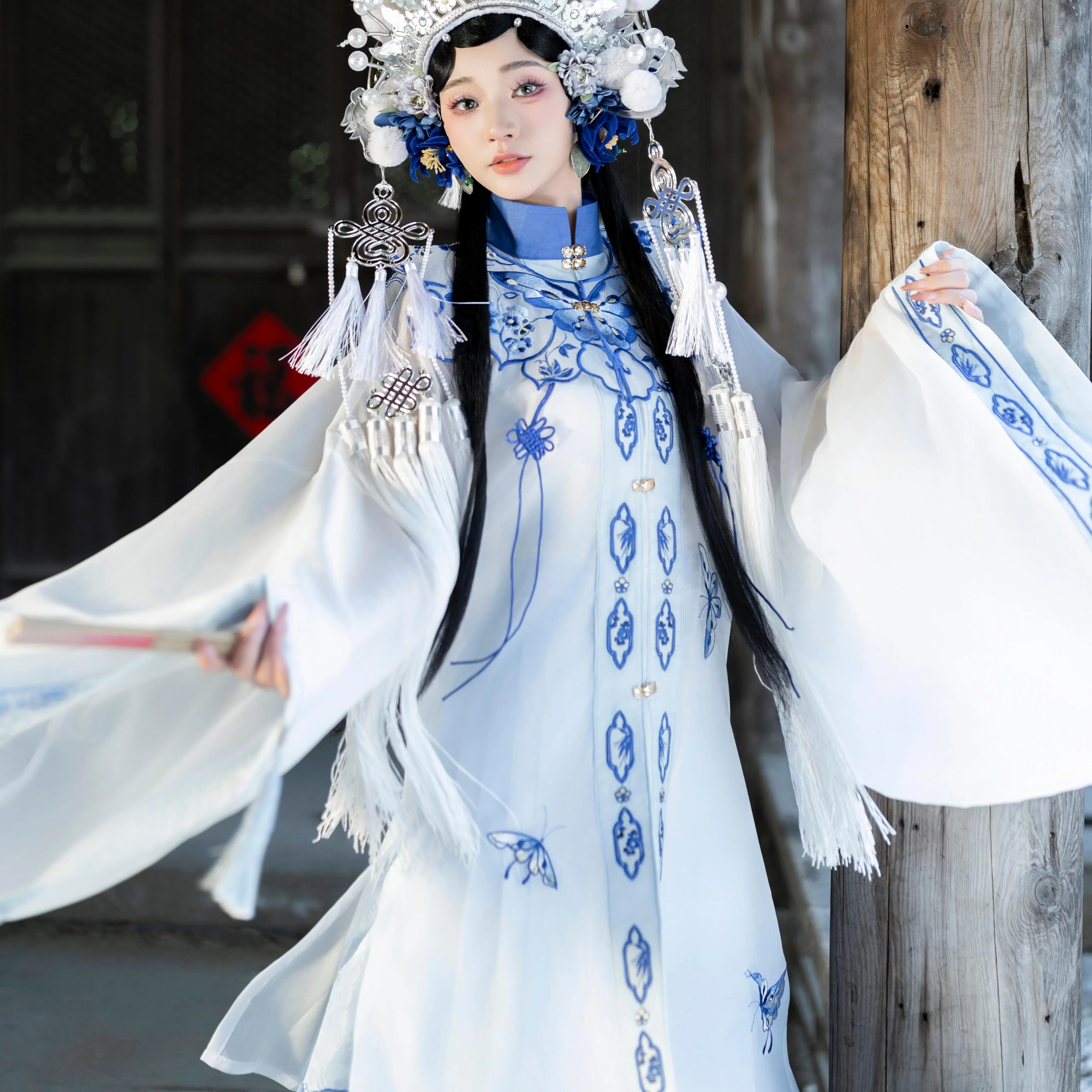 汉服女一袭青花明制立领对襟大袖衫刺绣云肩马面裙套装戏曲风新款