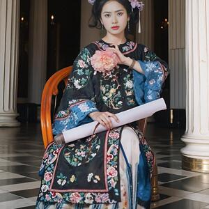 清汉女晋商少奶奶氅衣圆领对襟贵妃一片式马面裙清朝宫廷风格格服