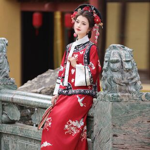 清汉女套装红色古装马甲格格服清朝旗袍满族小郡主贵妃清宫拜年服