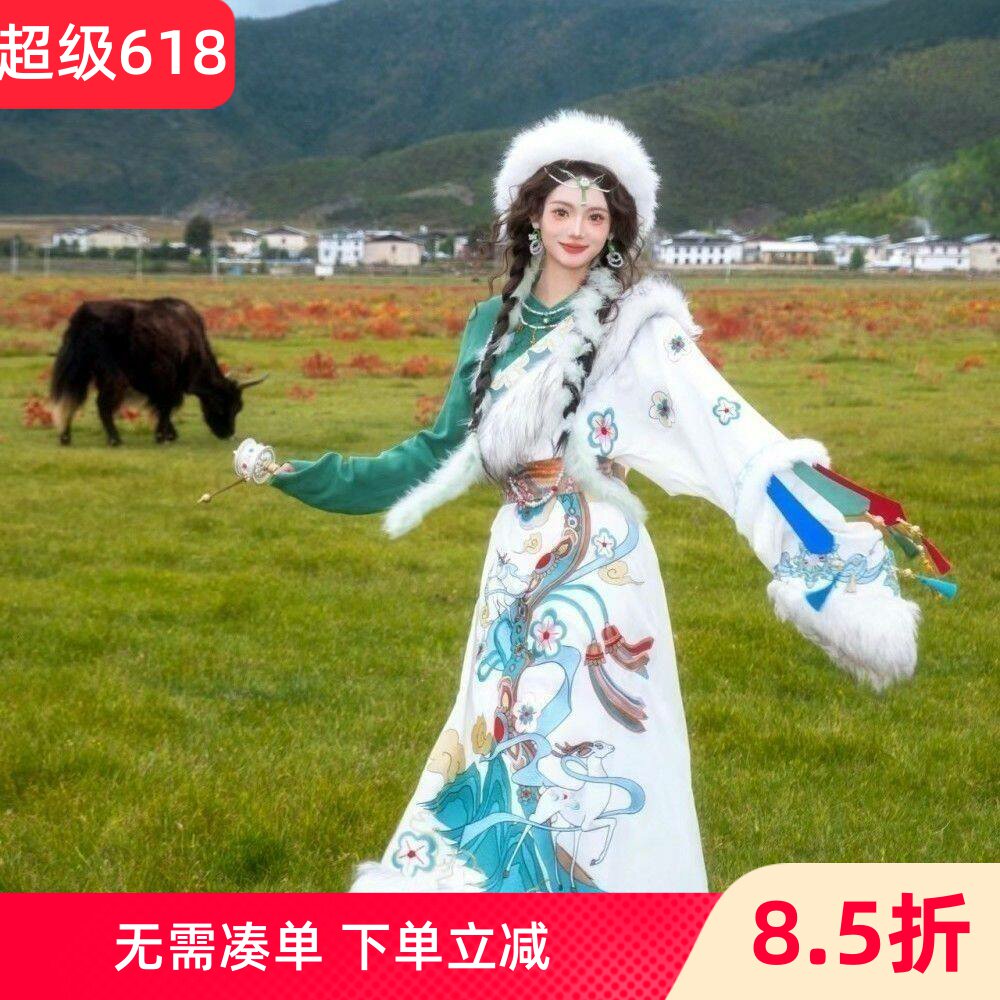 藏服少数民族风绿衣全刺绣套装神鹿藏袍藏式服装云南丽江草原旅游
