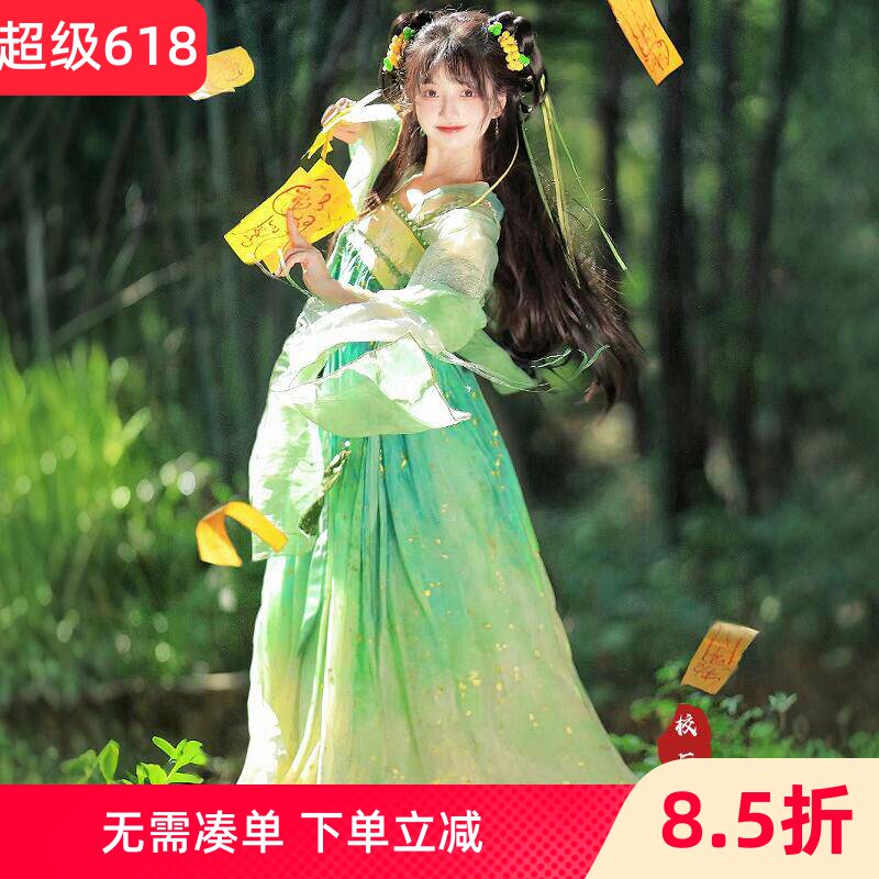 汉服女国风连衣裙小玉壶女绿色一片式齐胸襦裙唐朝仙女古风公主裙