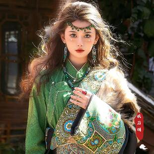 藏袍女拉萨新款民族风男女西藏旅拍摄影服藏装舞蹈异域风情装绿色