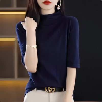 打底衫女春秋半高领中袖t恤洋气2025新款宽松中领针织衫半袖上衣