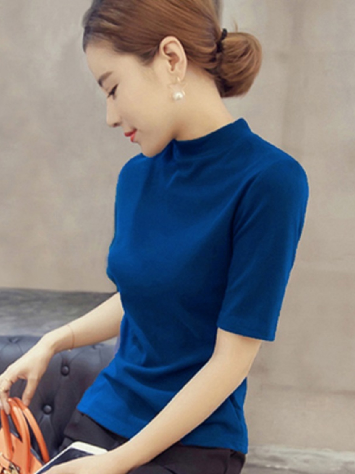 2025新款韩版半高领五分袖毛衣针织衫女春秋冬季中袖修身打底衫上