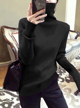 黑色堆堆领打底衫女秋冬内搭紧身套头高领毛衣洋气大码羊绒针织衫