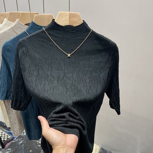 五分袖 秋冬修身 别致内搭上衣 女装 羊绒肌理感黑色半高领针织打底衫