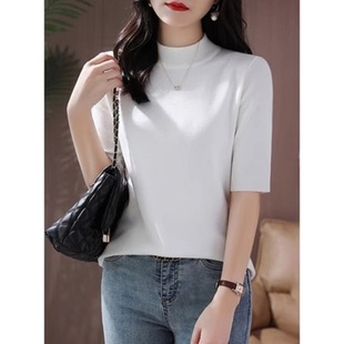 高端上衣外贸女装一线品牌半高领中袖春秋冬黑色五分袖针织打底衫