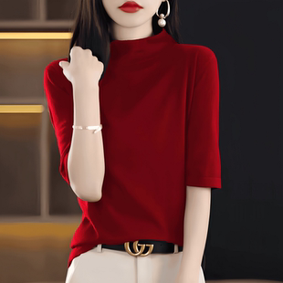 春秋季新款半高领中袖打底衫女修身五分袖针织衫黑色毛衣薄款上衣