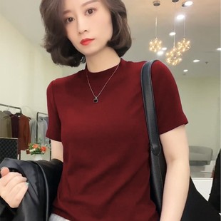 上衣女夏季 短袖 冰丝针织衫 2025欧货新款 潮 t恤女薄款 酒红色打底衫