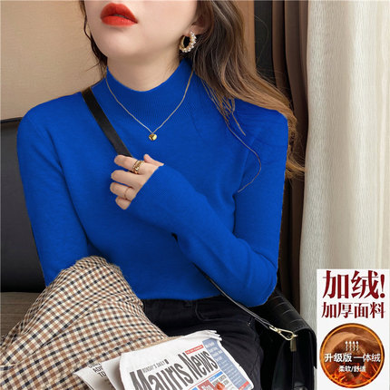 加厚一体绒针织衫女秋冬毛衣春装内搭半高领打底衫加绒大码上衣潮