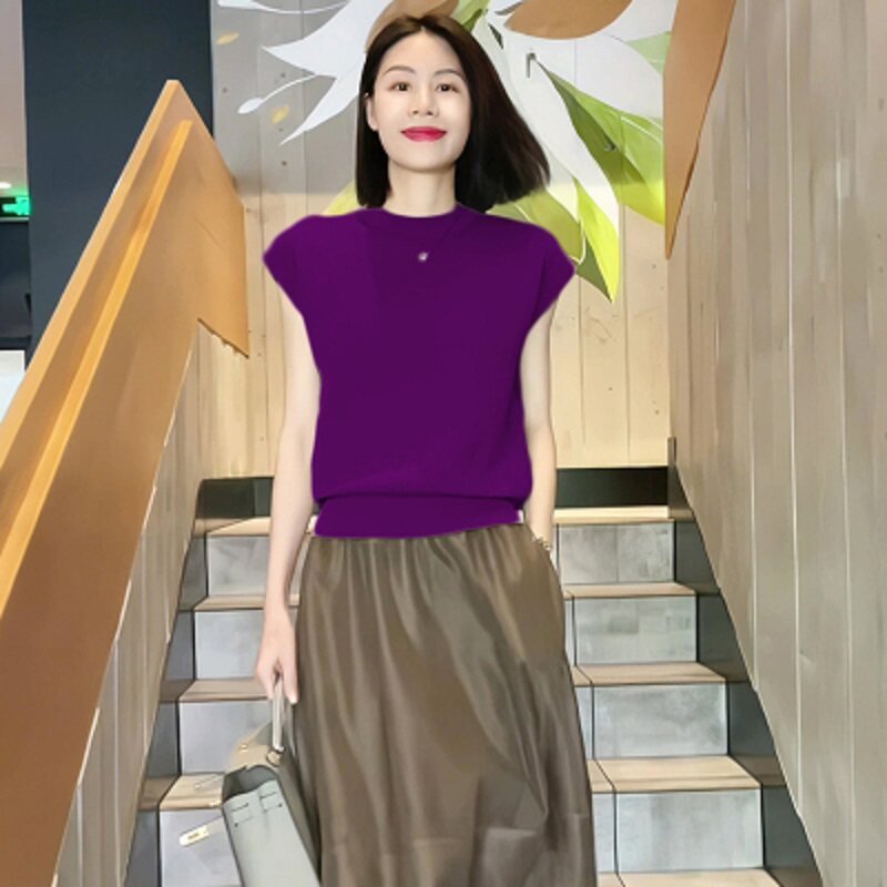 冰丝针织薄款纯色设计感外穿半袖上衣显瘦短袖t恤紫色打底衫女夏