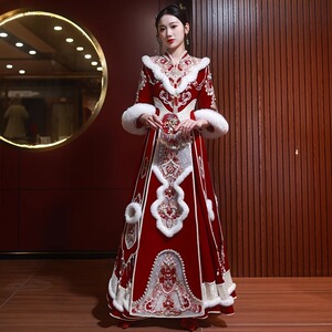 秀禾服新娘高级毛领出阁嫁衣重工修身结婚中式婚服冬季小个子裙褂