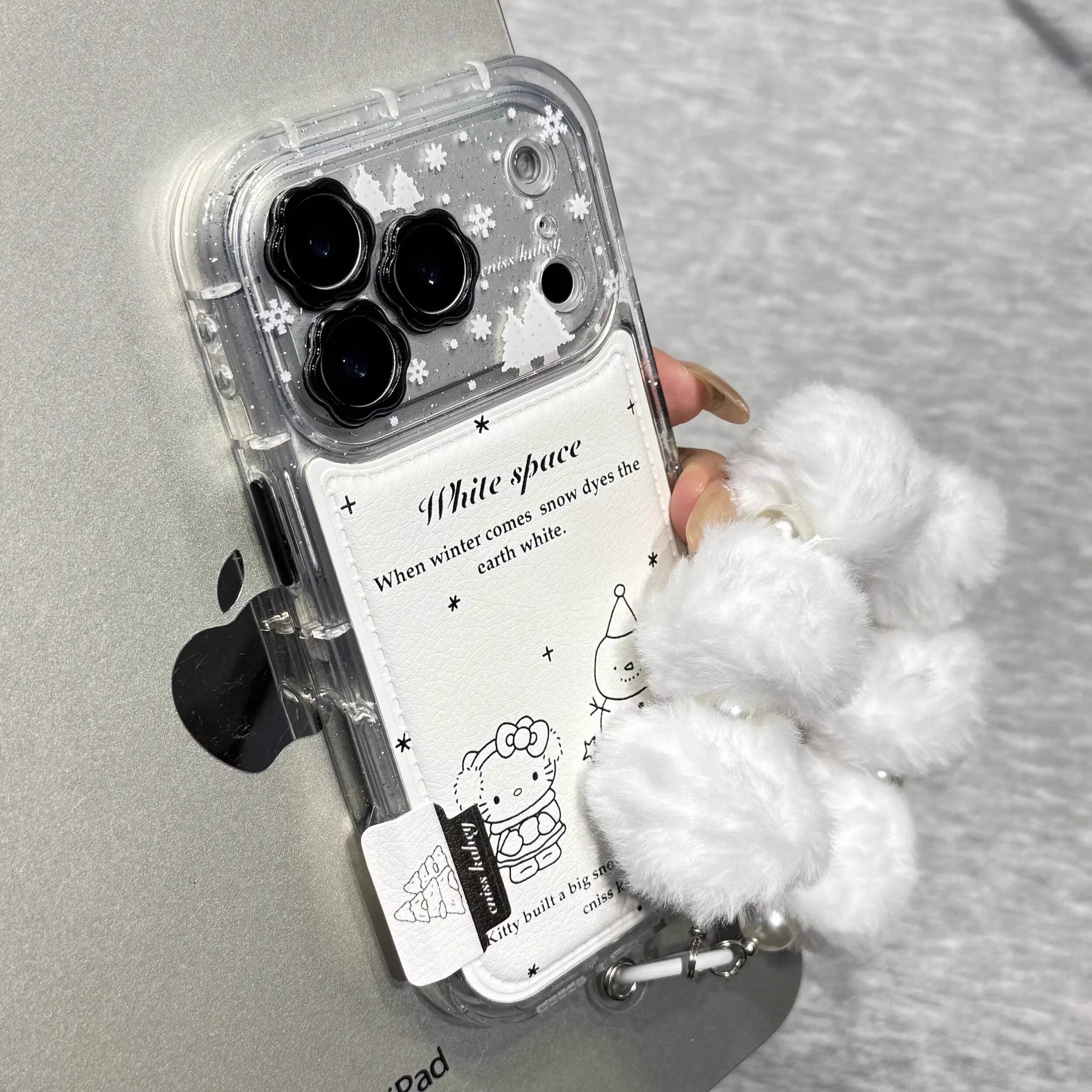 皮质线条雪人kitty英文适用于苹果17promax手机壳17新款iphone16pro挂绳15pm韩系15防摔13小众14少女Pro