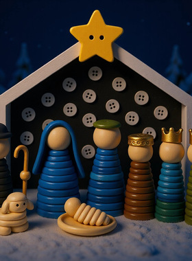 跨境 DIY Button Nativity Scene Kit 纽扣小人诞生场景套件礼物
