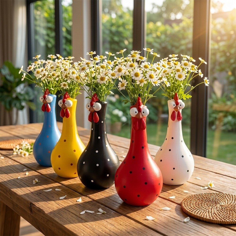 跨境新款 Long Neck Colorful Chicken 长脖子彩色鸡花瓶树脂摆件