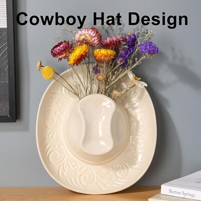 跨境新品Ceramic Cowgirl Hat Hanging Vase创意牛仔帽挂墙花盆瓶