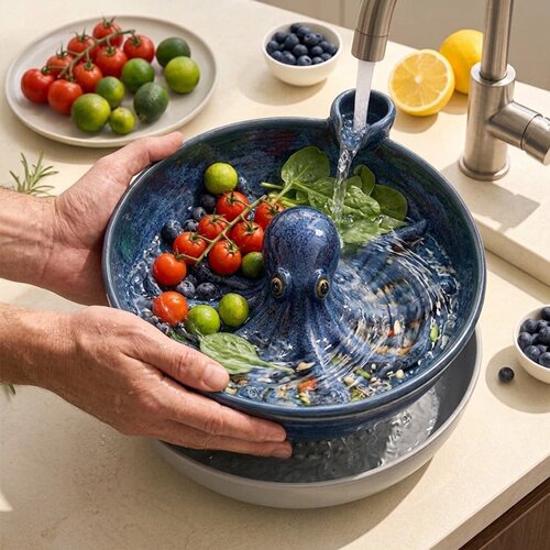 跨境新款 Bold Indigo Octopus Berry Colander 章鱼洗浆果沥水碗