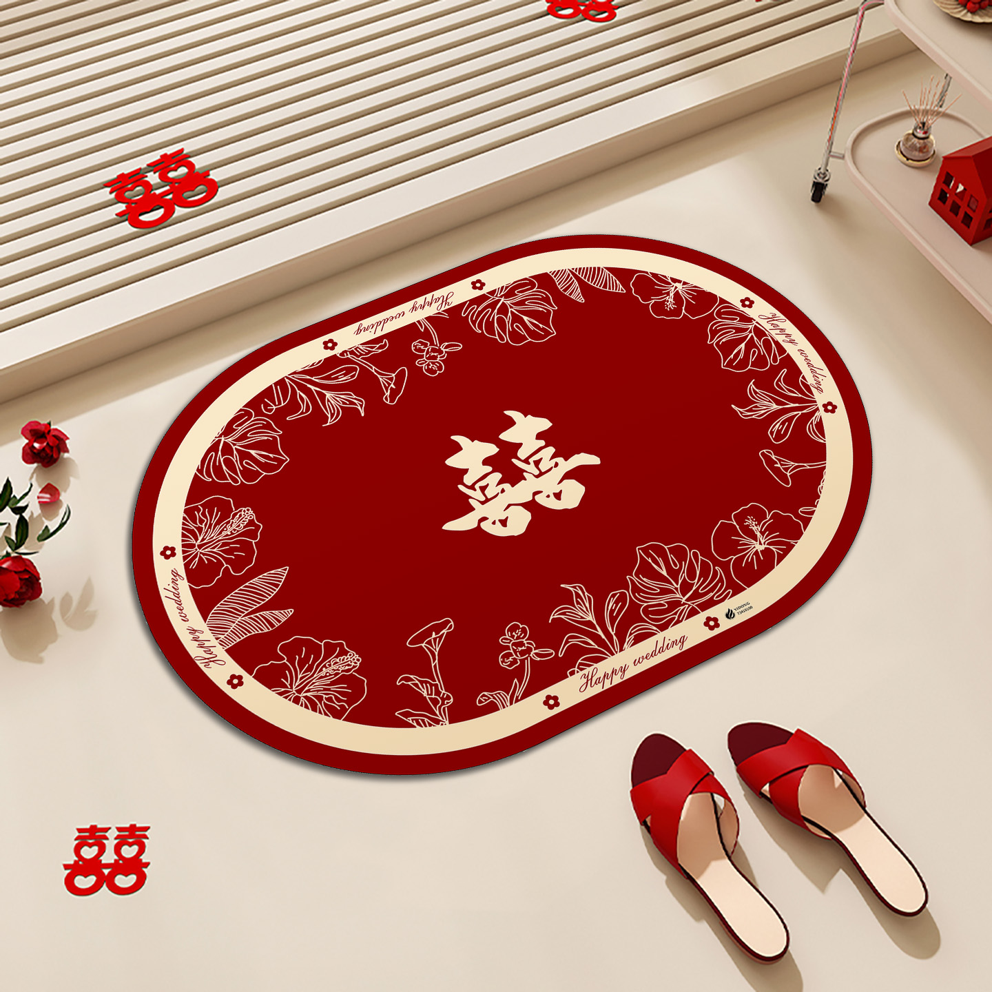 红色喜庆硅藻泥地垫浴室防滑垫子吸水速干家用厕所门口卫浴脚垫