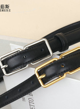优质牛皮方双扣腰带女装饰皮带黑色窄版设计配牛仔裤2025新款真皮