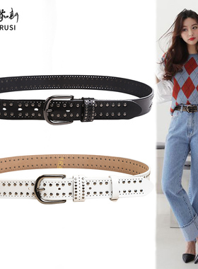铆钉皮带女宽白色牛仔裤腰带真皮时尚潮流个性装饰纯牛皮裤带女士