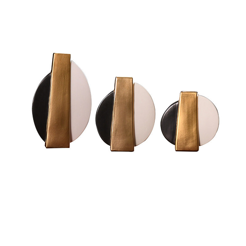 极速家居陶瓷摆件轻奢风格--F黑白镀金扁瓶三件套花瓶