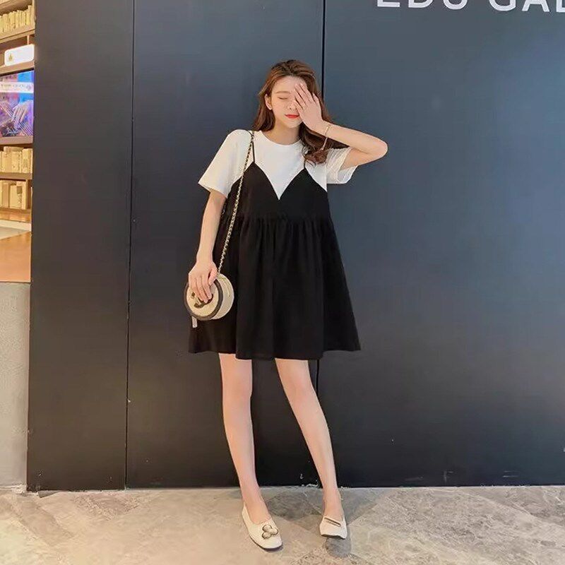 新品孕妇装夏连衣裙2025新款洋气遮F肚子不显怀拼接假两件t恤裙子