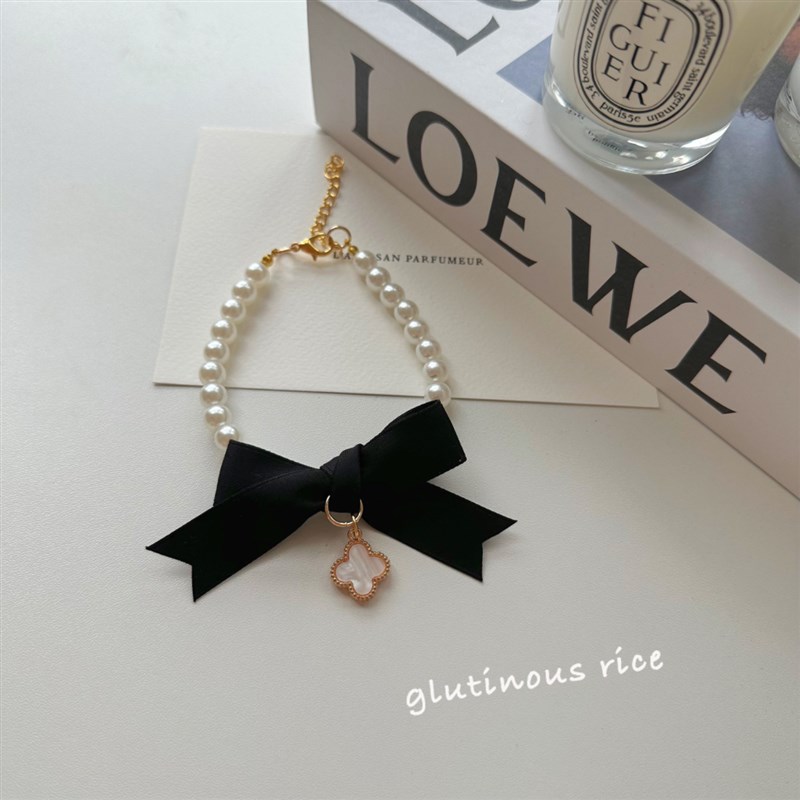 极速宠物狗狗复古珍珠项链蝴蝶结吊E坠气质项圈猫咪脖圈比熊泰迪