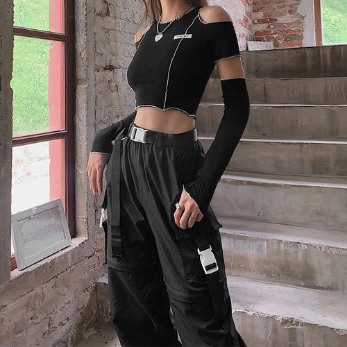 极速Patchwork Black T-shirts Gothic One Shoulder TSleeve Y2k