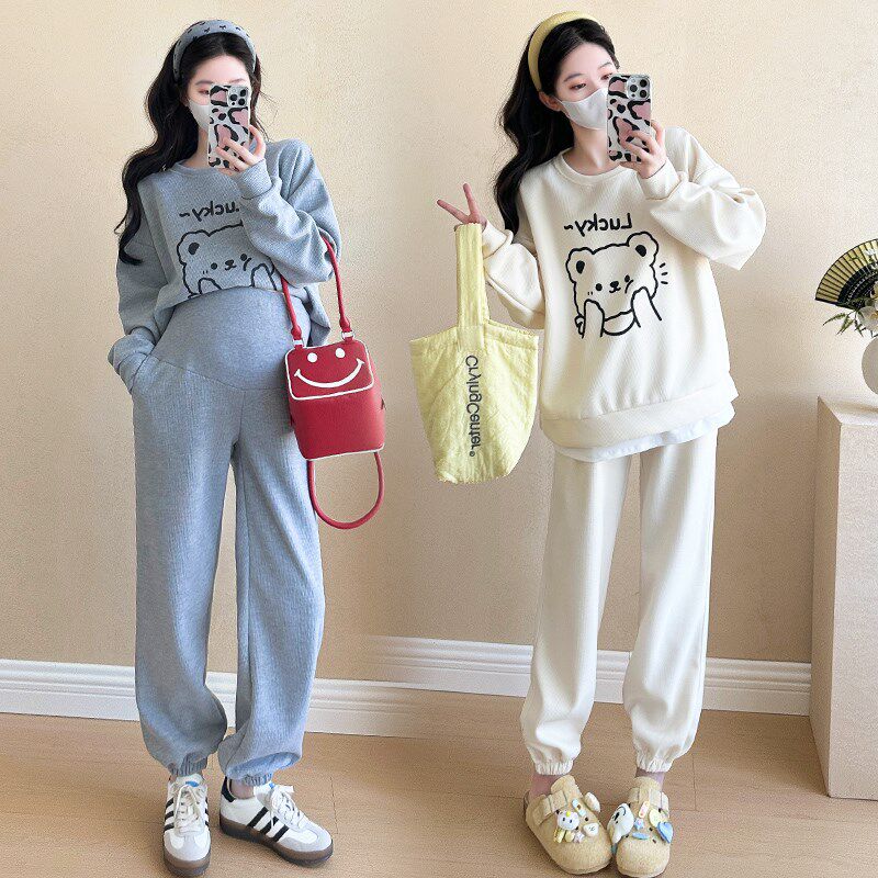 新品孕妇装秋冬装套装时尚2025新款小个子卫衣女宽V松上衣两件套