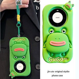 可爱立体香肠嘴绿青蛙适用华为mate60pro手机壳pura70pro+卡通伸缩支架p70软硅胶套mate60全包防摔挂绳少女款