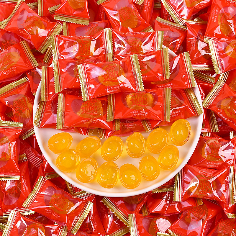 2026金桔爆浆金元宝橡皮糖糖果水果QQ糖儿童年货果汁夹心软糖零食