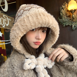 毛绒帽子女冬天加绒保暖毛线帽加厚复古护耳百搭针织帽防寒雷锋帽