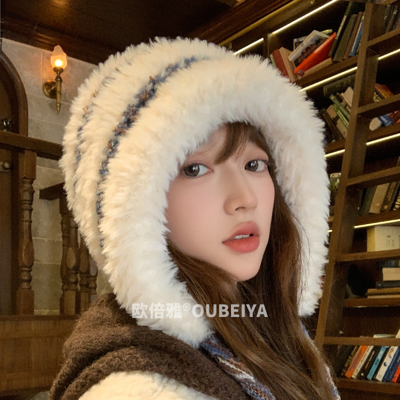 欧倍雅秋冬显脸小毛绒绒毛线帽