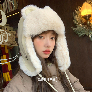 小熊耳朵PU皮质雷锋帽子女冬天户外保暖防寒可爱护耳东北加绒棉帽