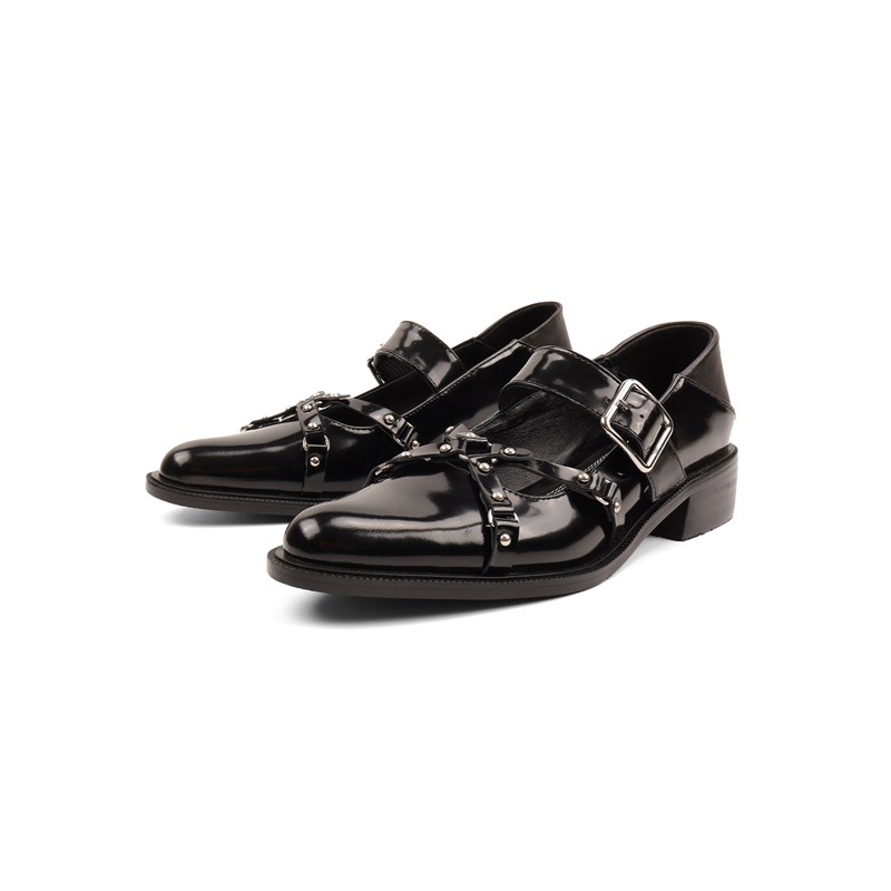 asrshopj原创 朋克风玛丽珍鞋 一字带金属装饰粗跟女鞋