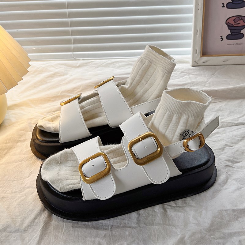 英伦松糕厚底凉鞋女2024年夏季新款时尚百N搭休闲复古金属扣罗马