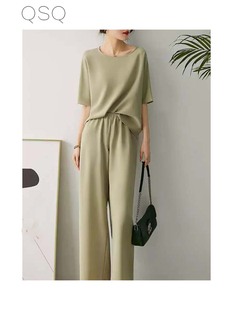 短袖 丝滑森系裸感休闲弹力街头宽松重磅阔腿裤 女 套装 QSQ夏季