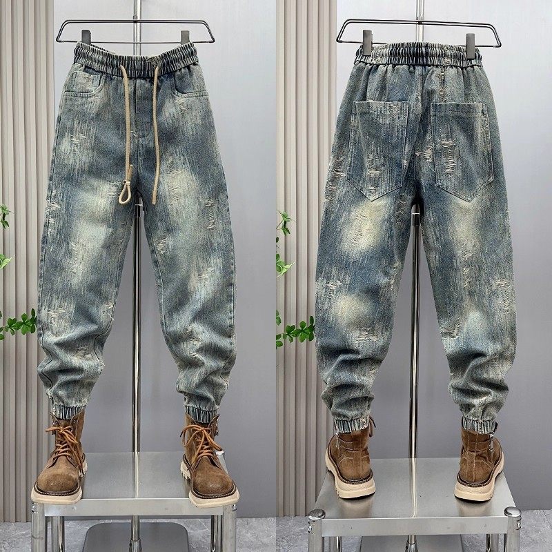 潮牌磨破刮烂束脚牛仔裤男春秋个性复古水洗哈伦裤韩版痞帅小脚裤