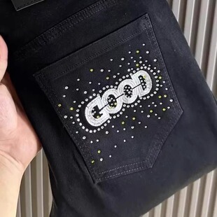 秋冬季新款GOD烫钻镶珠刺绣牛仔裤男女小直筒潮牌网红弹力长裤子