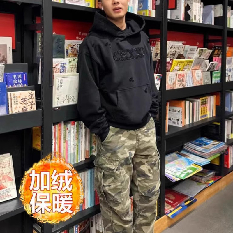 网红同款good珠片刺绣钻碎破洞连帽加绒卫衣男女情侣同款潮牌爆款