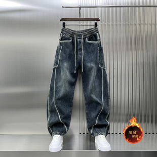 新款2025冬季加绒加厚弯刀牛仔裤男士宽松直筒阔腿裤复古潮牌高端
