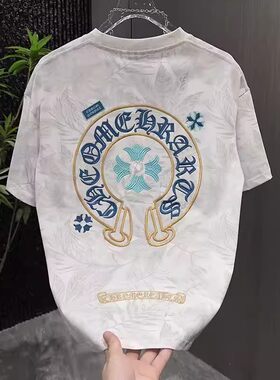 ins韩版潮流男士刺绣梵文扎染短袖T恤夏季青少年学生帅气圆领t恤