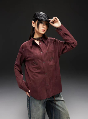 拓谷安可拉红复古绒面衬衣烫钻尖领衬衫秋宽松长袖上衣女装Q40761