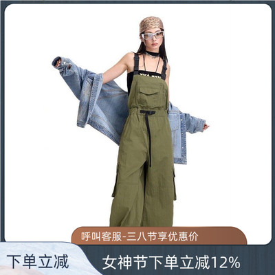 拓谷街头阔腿背带裤女夏新款潮牌高腰显瘦背带工装裤连体裤C60111