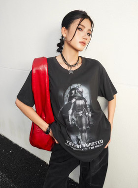 拓谷女装美式高街短袖T恤男女同款秋季情侣宽松纯棉潮牌印花40536